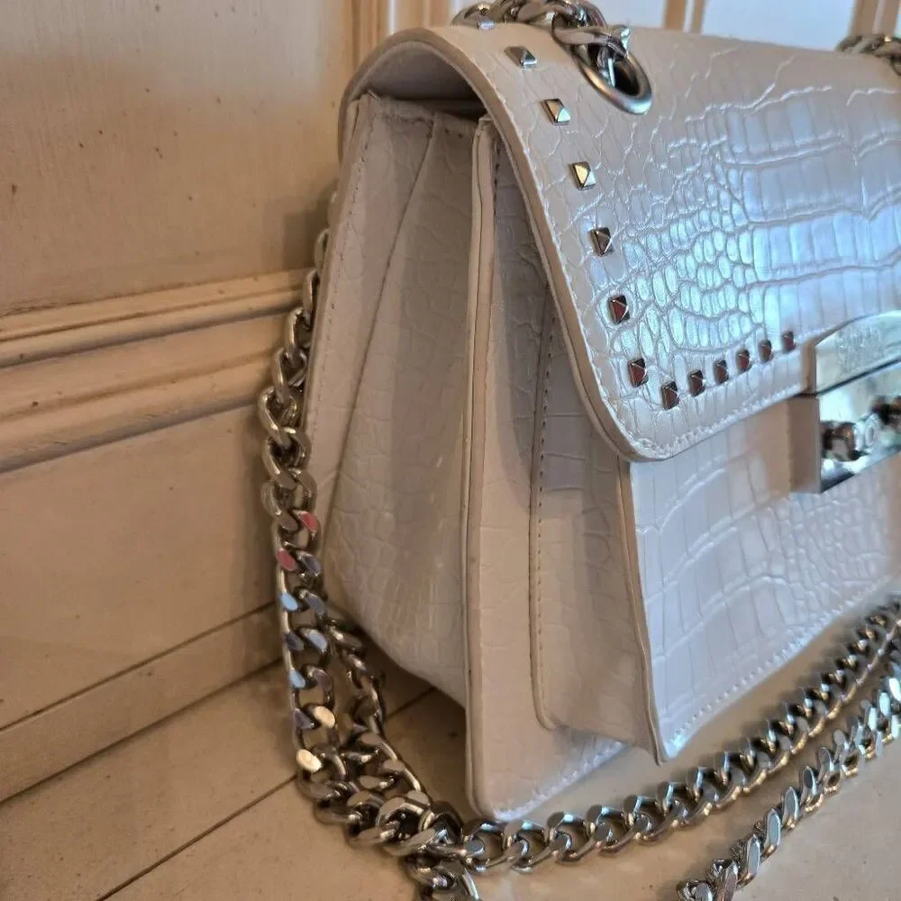 Badgley Mischka White Croc Studded Cross Body Shoulder Bag Purse